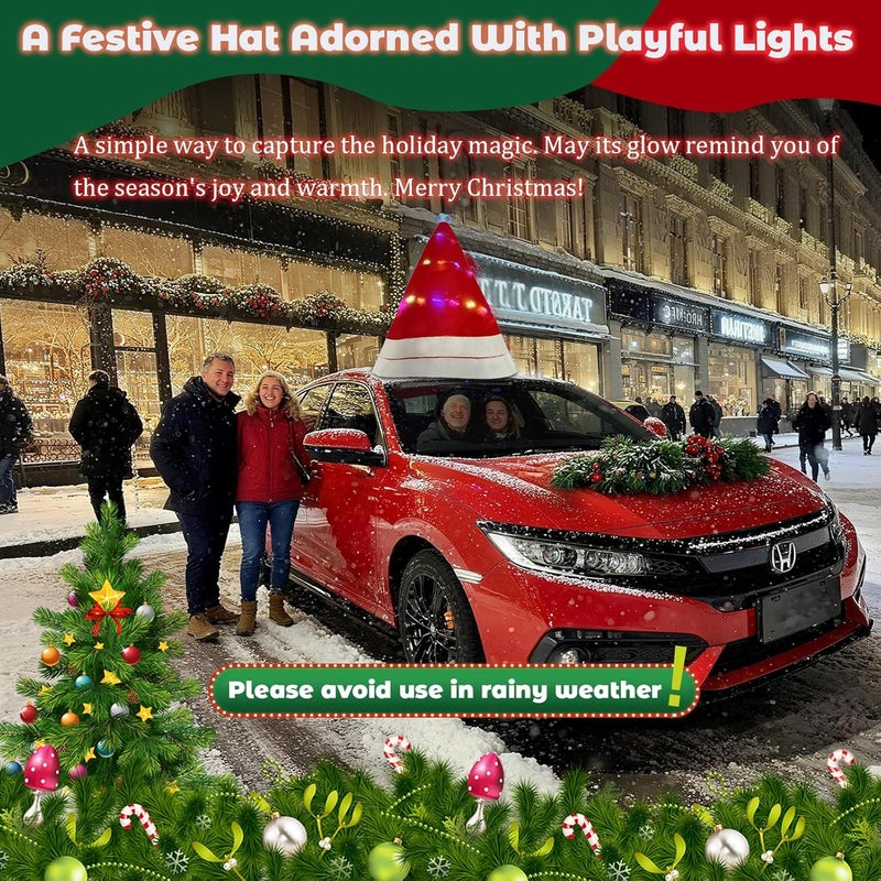 Angooni Universal Christmas Car Hat with Lights - 35" D x 33" H Festive Santa Roof Topper with Suction Cups, Zip Ties & Ribbons for Easy Secure Installation, Suitable for Jeeps, Trucks, Golf Carts - Image 2